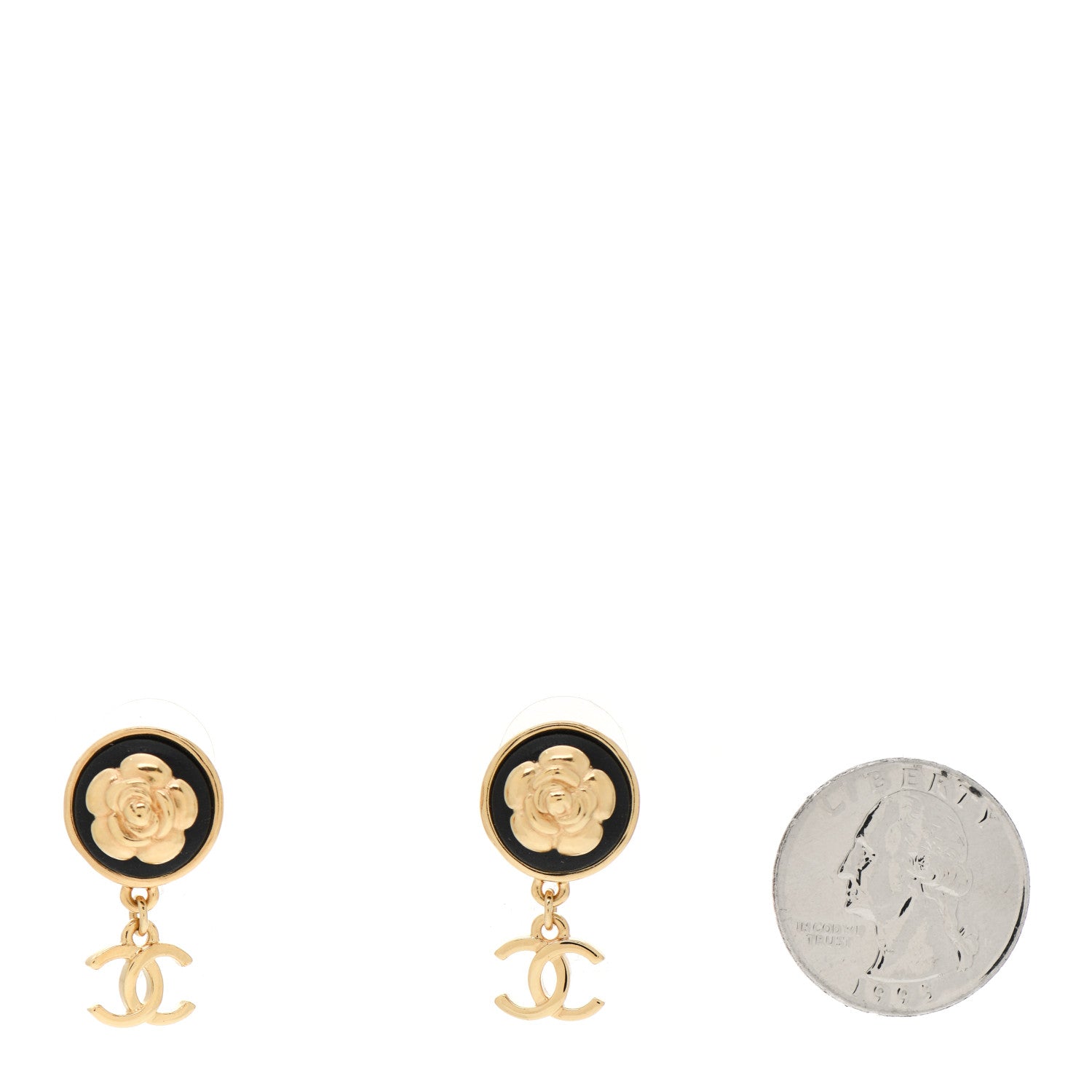 Chanel Metal Lambskin Camellia CC Drop Earrings Gold Black 2 of 4