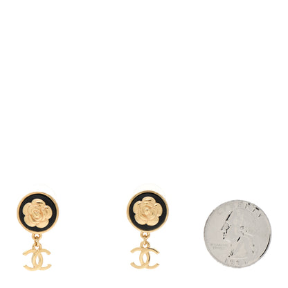 Chanel Metal Lambskin Camellia CC Drop Earrings Gold Black 2 of 4