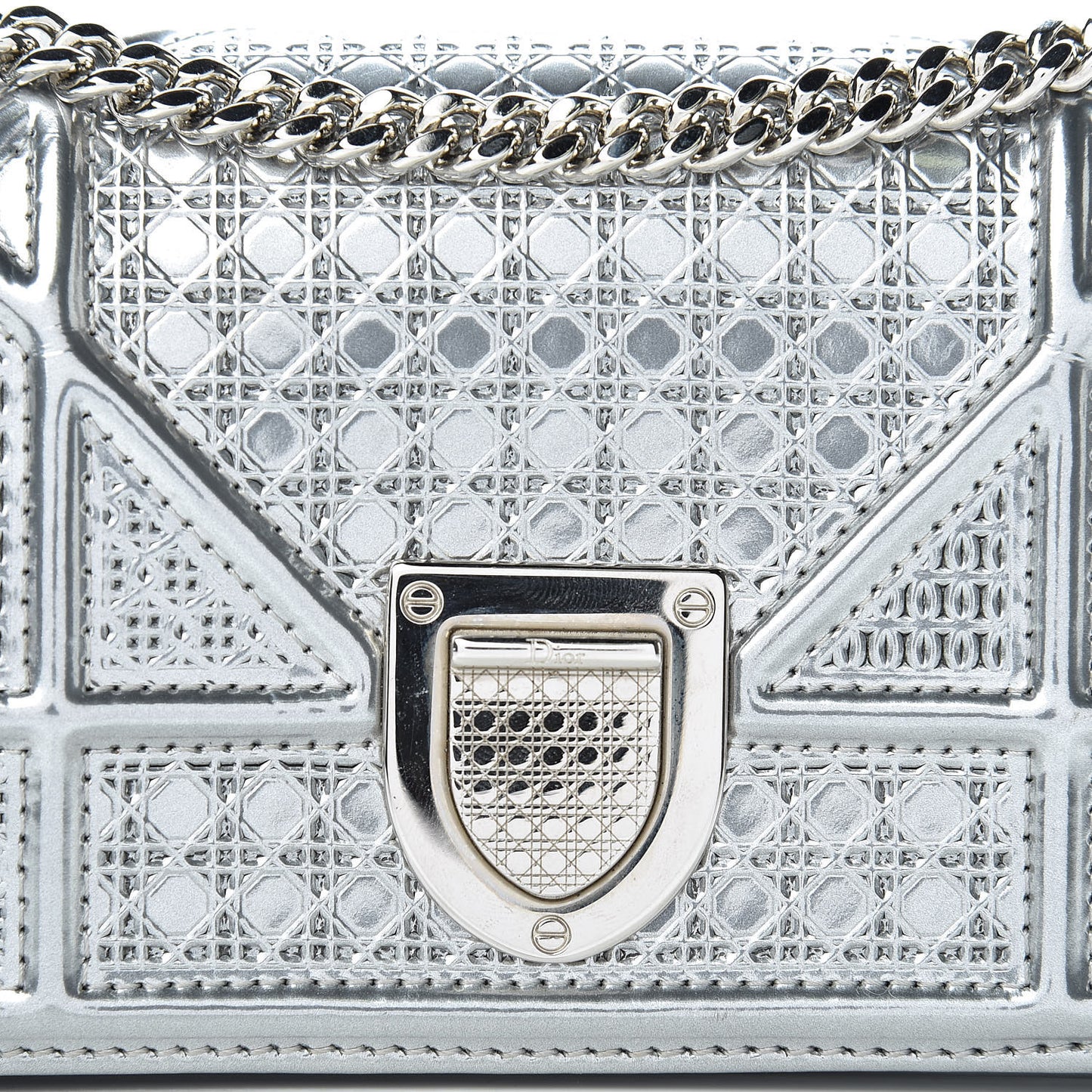 Metallic Patent Micro-Cannage Baby Diorama Flap Bag Silver