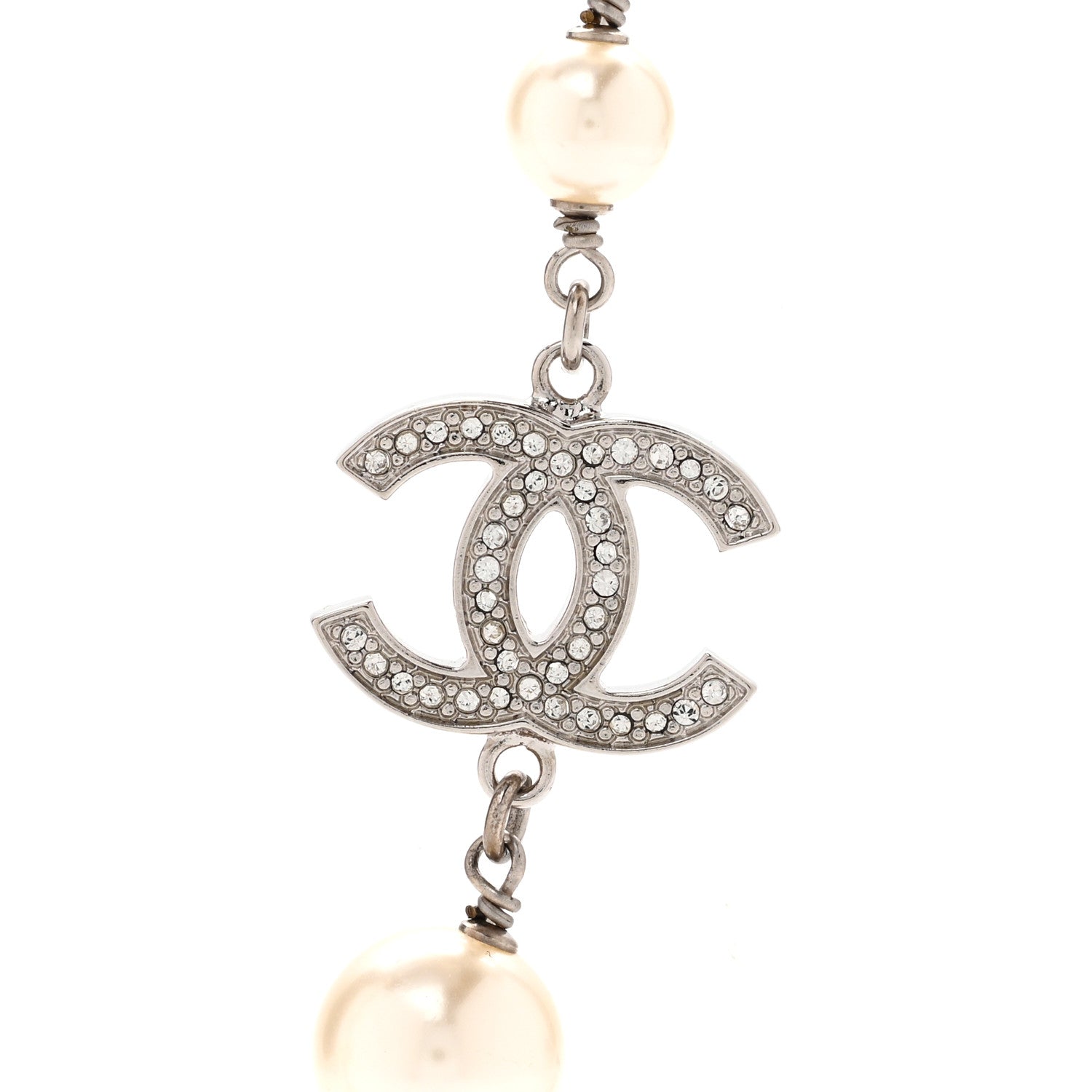 Chanel Graduated Pearl Crystal CC Long Necklace Silver 4 of 8