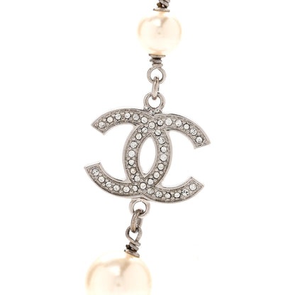 Chanel Graduated Pearl Crystal CC Long Necklace Silver 4 of 8