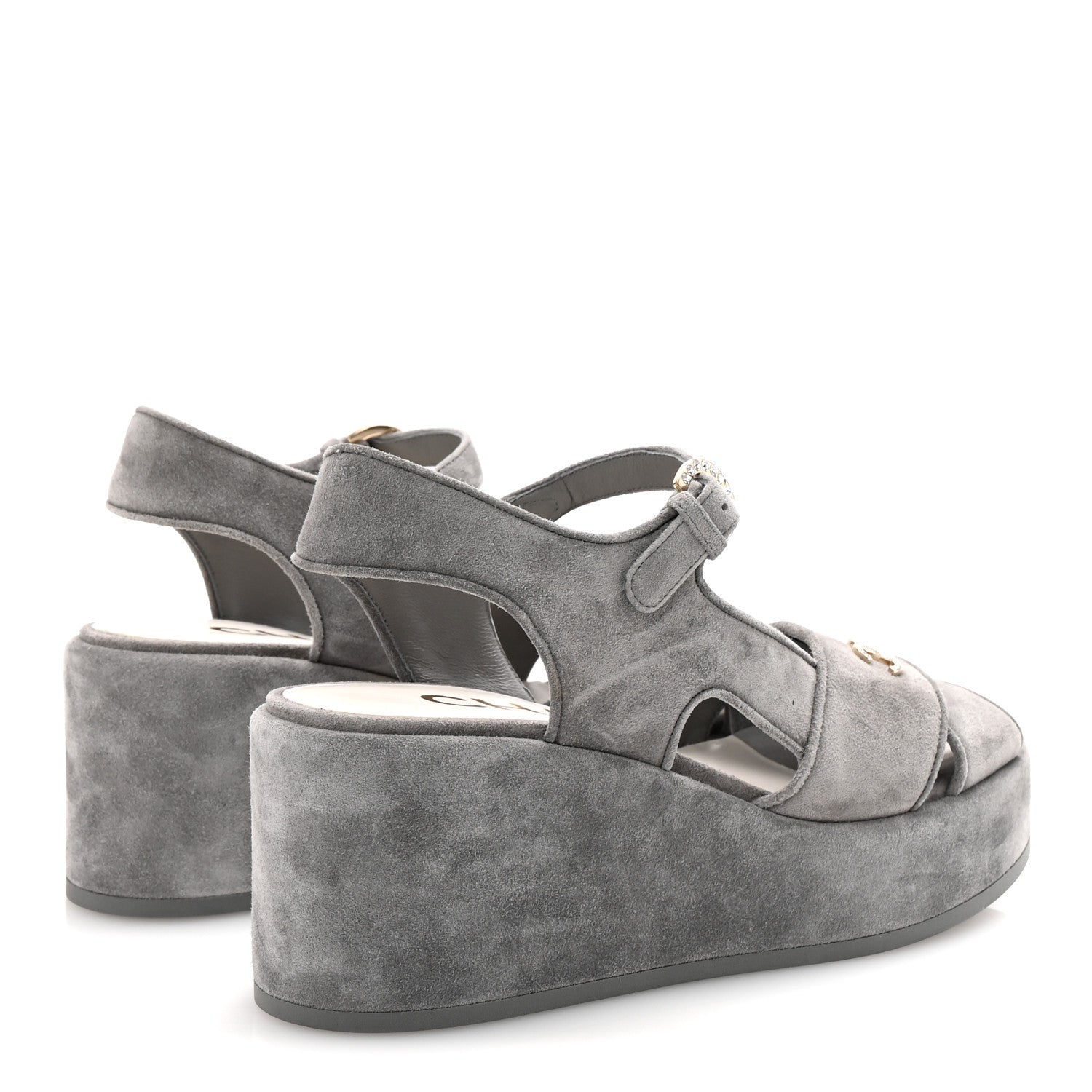 Chanel Suede Calfskin Peep Toe Wedge Sandals 37 Grey 5 of 9