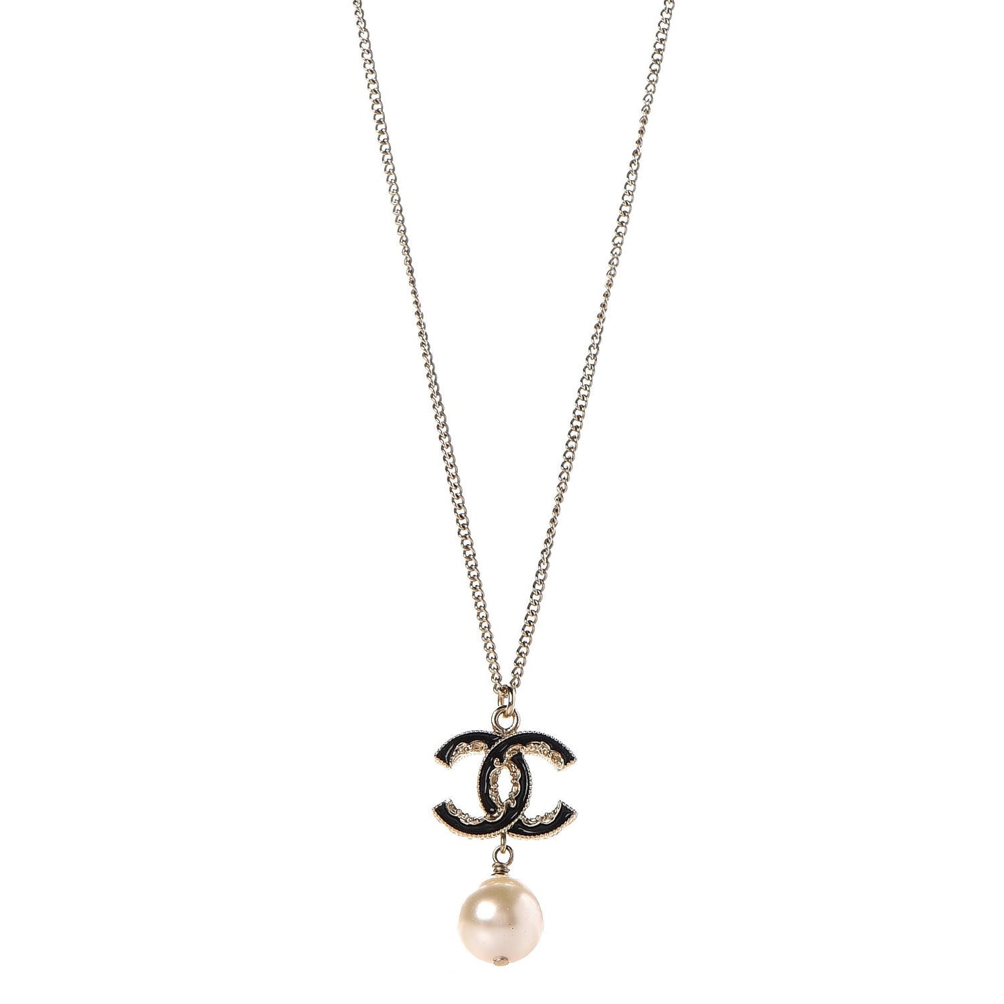 Enamel CC Baroque Pearl Drop Necklace Black Gold