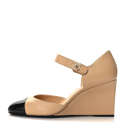 Chanel Lambskin Patent Cap Toe Mary Jane Wedge Pumps 41 Beige Black 1 of 9