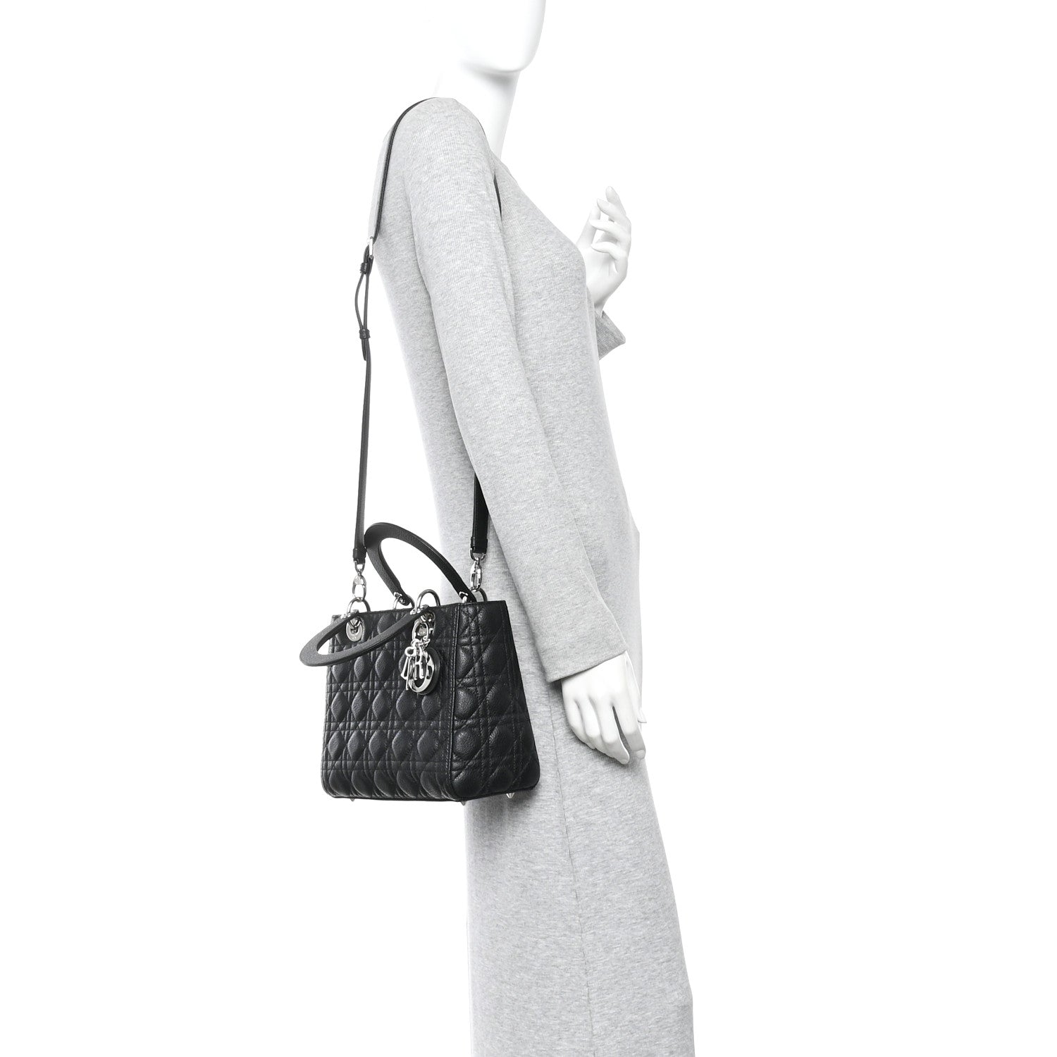 Christian Dior Grained Calfskin Cannage Medium Lady Dior Black 2 of 10