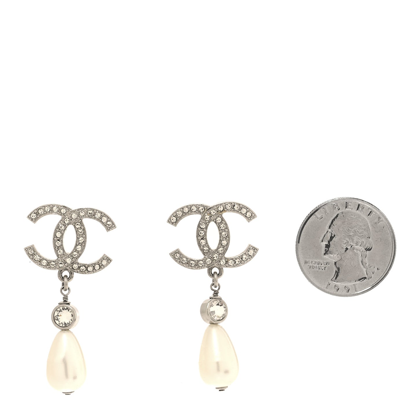 Crystal Pearl CC Drop Earrings Silver Pearly White