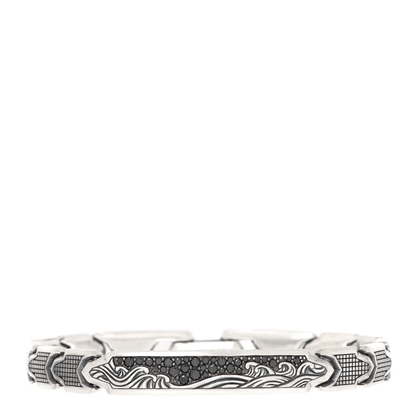 Sterling Silver Black Diamond Mens Waves ID Link Bracelet