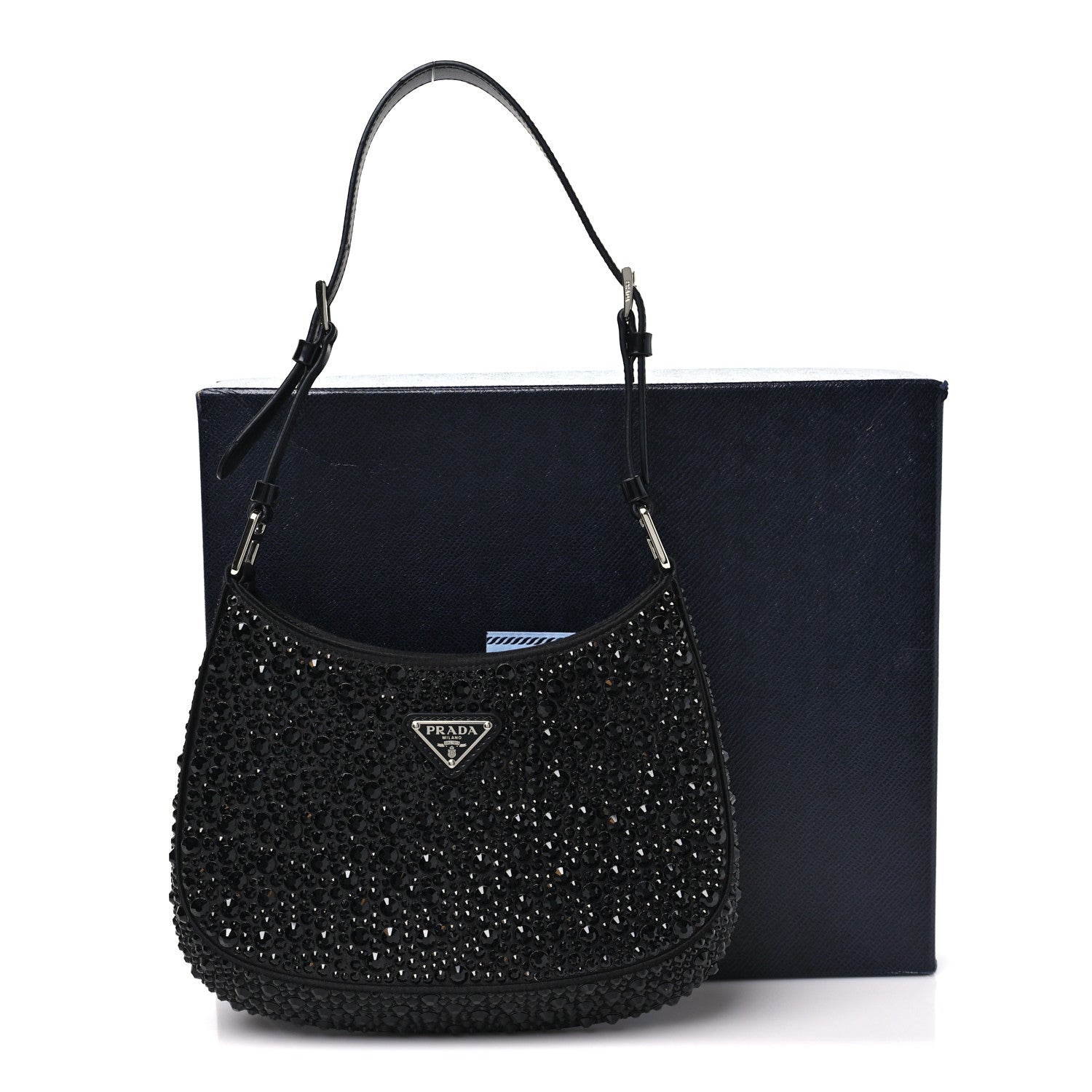 Prada Satin Crystal Cleo Adjustable Strap Shoulder Bag Black 10 of 10