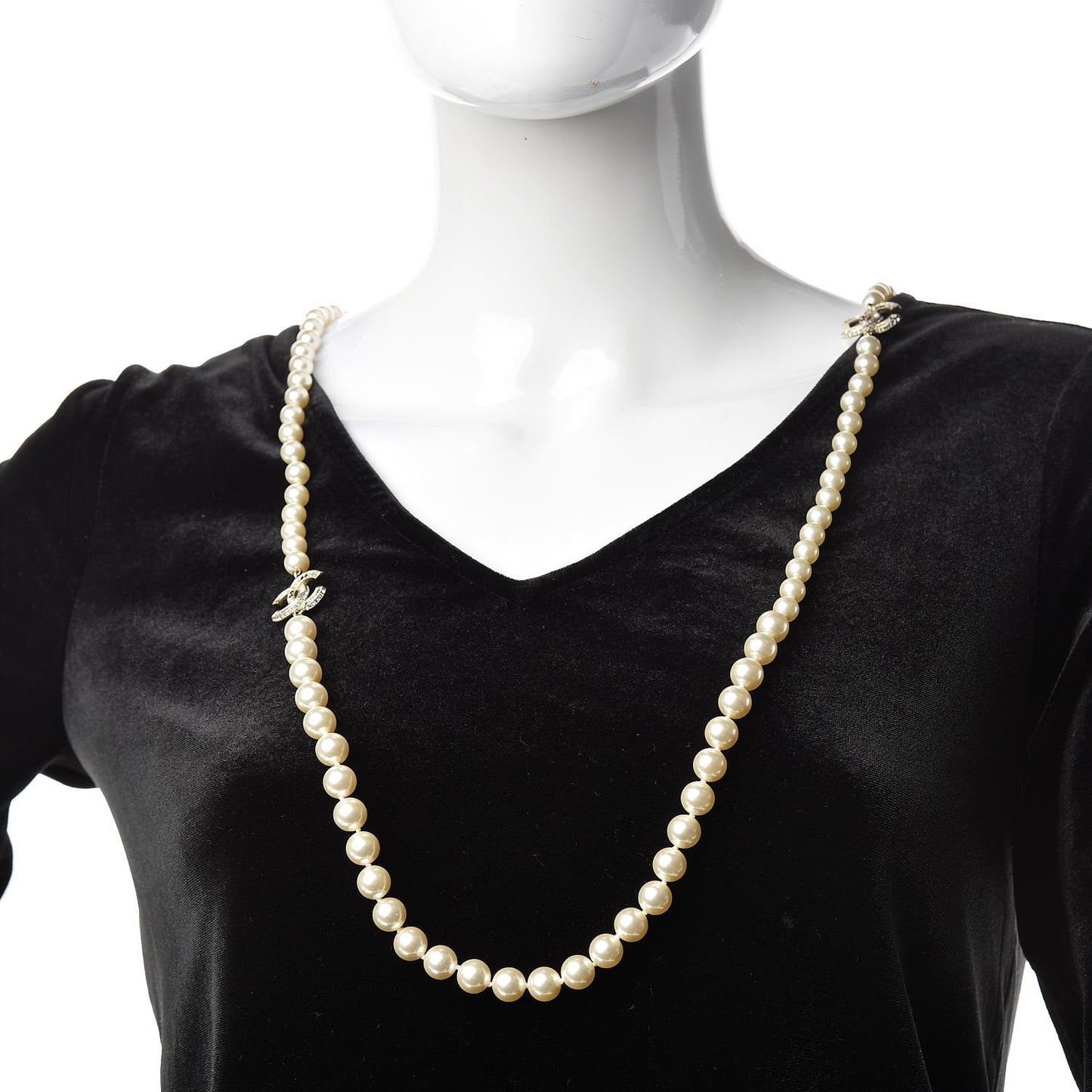 Graduated Pearl Crystal CC Long Necklace Black Gold
