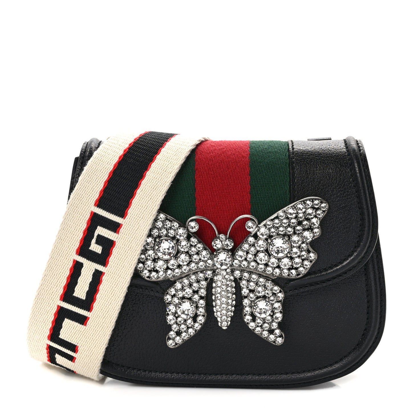 Calfskin Web Crystal Butterfly Stripe Small Totem Shoulder Bag Black