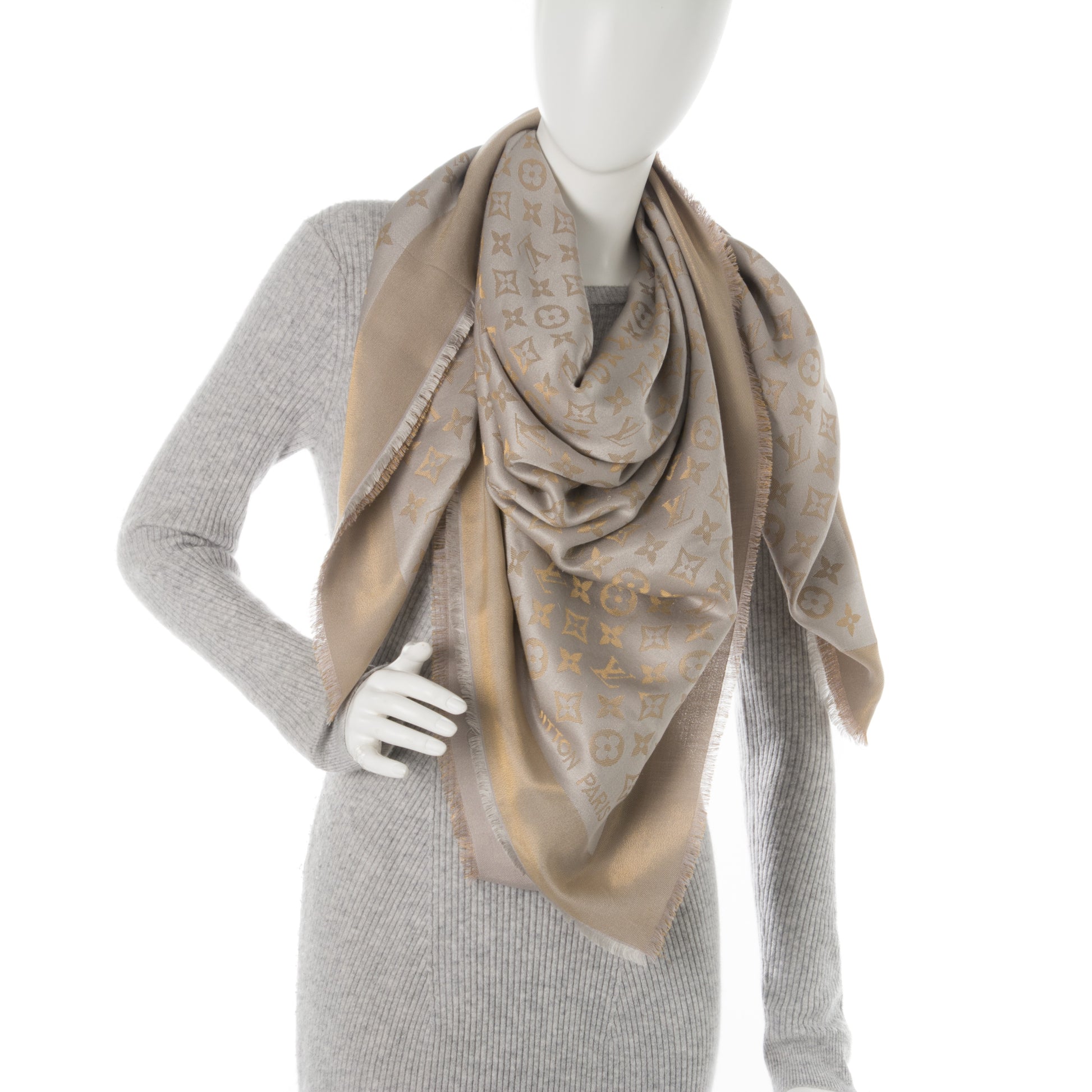 Louis Vuitton Silk Wool Monogram Shine Shawl Beige 2 of 8