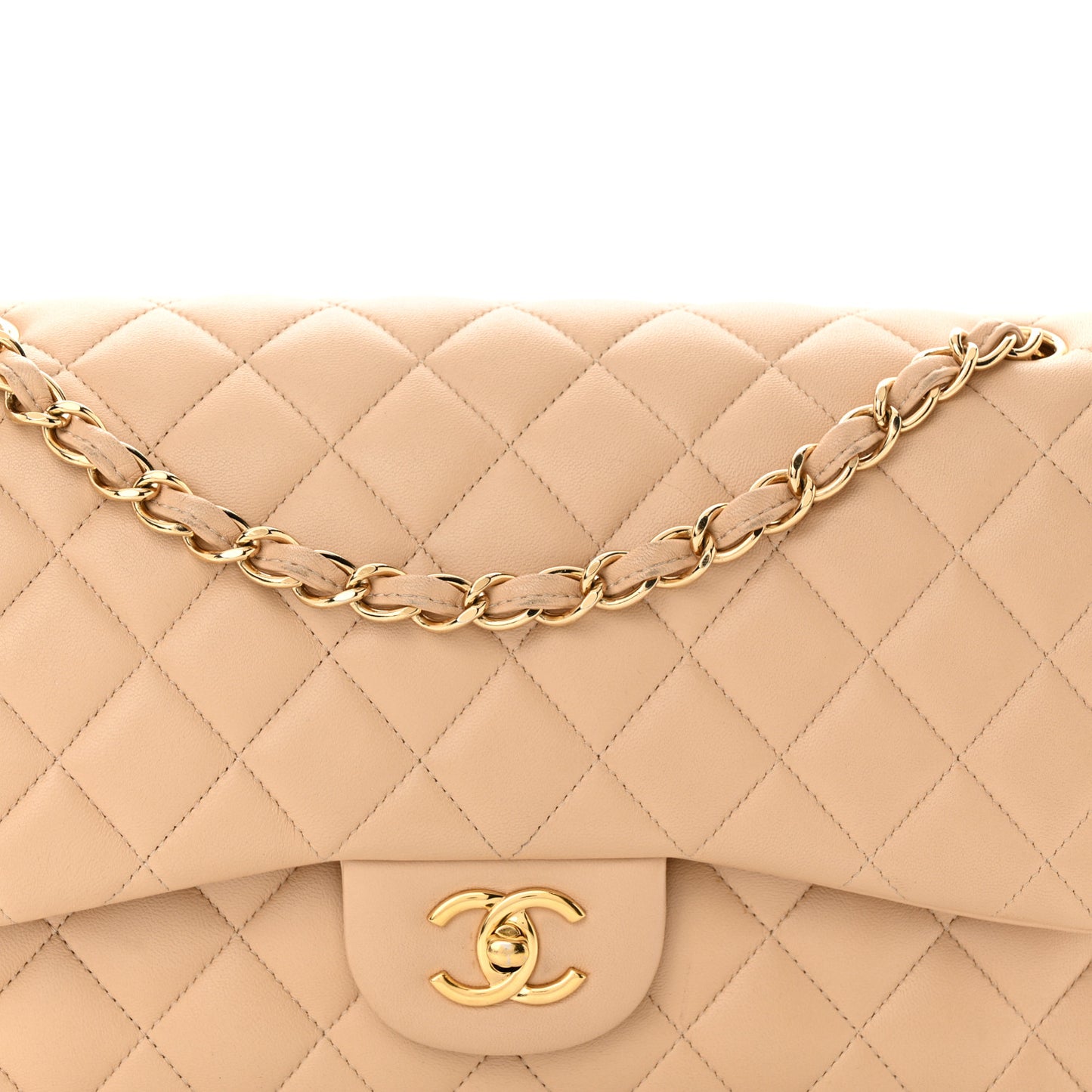 Lambskin Quilted Jumbo Double Flap Beige
