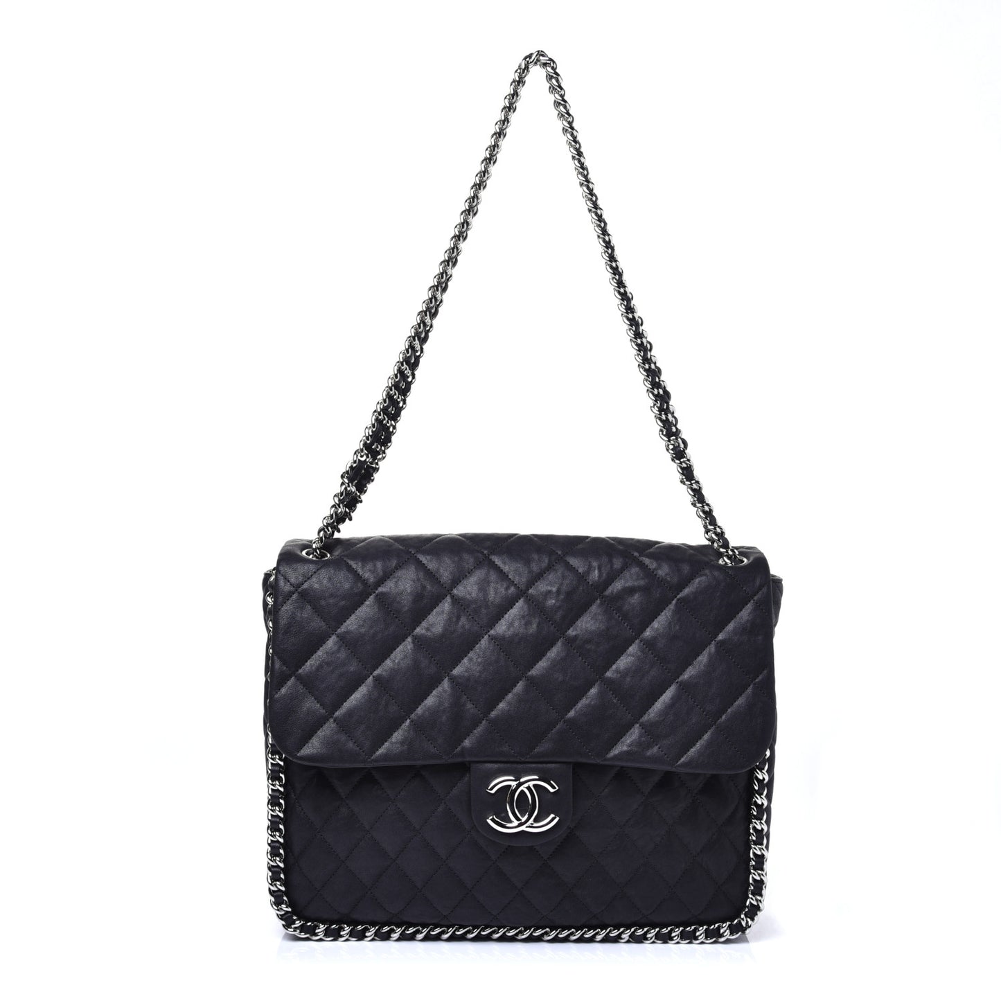 Washed Lambskin Quilted Maxi Chain Around Flap Black