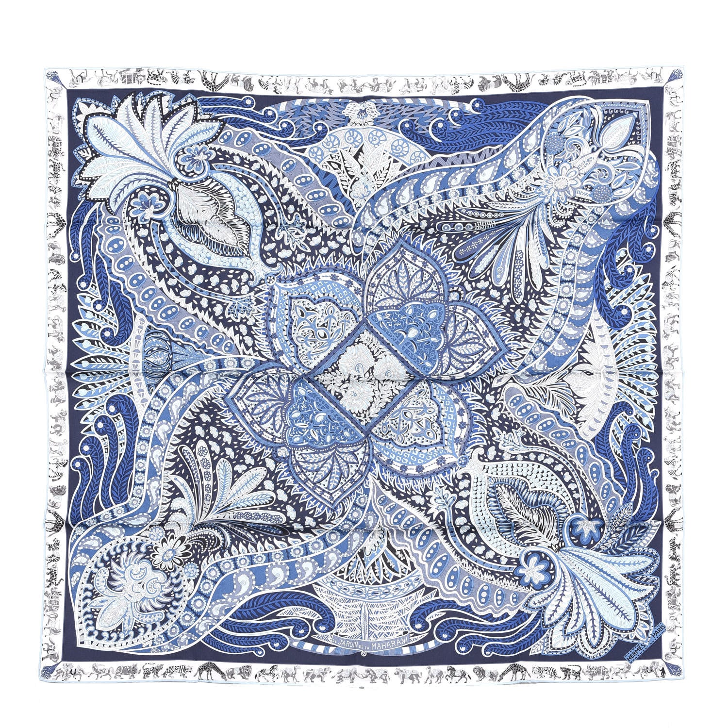 Hermes Silk Le Jardin De La Maharani Scarf 90 Marine Ciel White 1 of 3