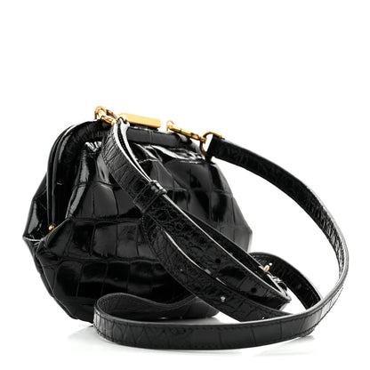 Balenciaga Shiny Supple Calfskin Logo Crocodile Embossed Cloud Coin Purse With Strap Black White 3 of 10