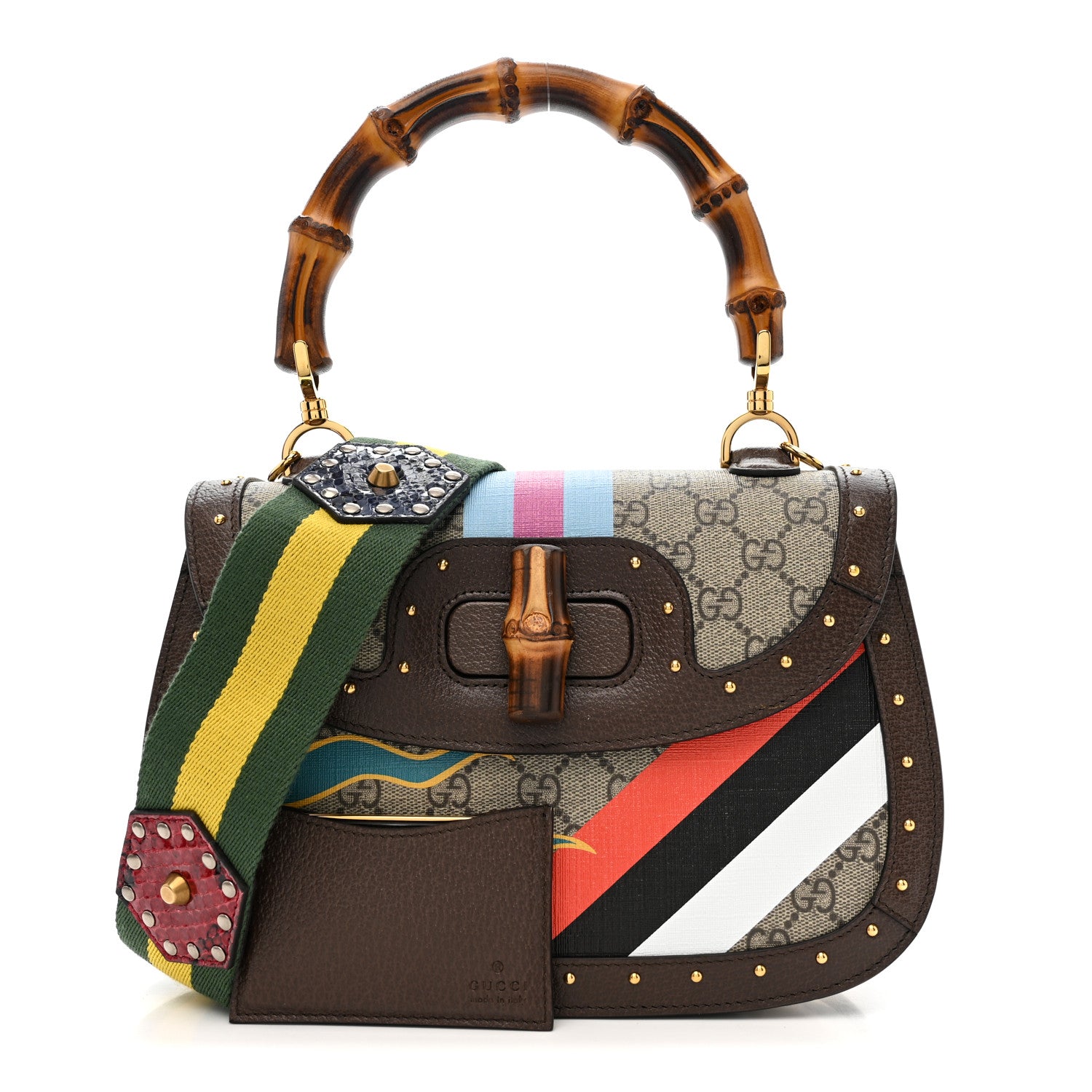Gucci GG Supreme Monogram Studded Calfskin 100 Centennial Geometric Medium Bamboo 1947 Top Handle Bag Beige Ebony Multicolor 3 of 11