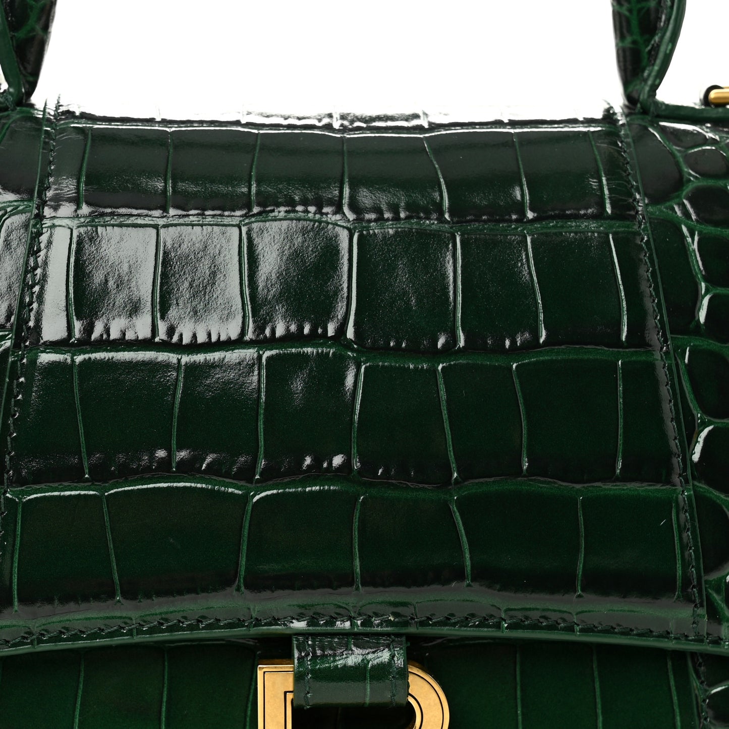 Shiny Calfskin Crocodile Embossed Small Hourglass Top Handle Bag Forest Green