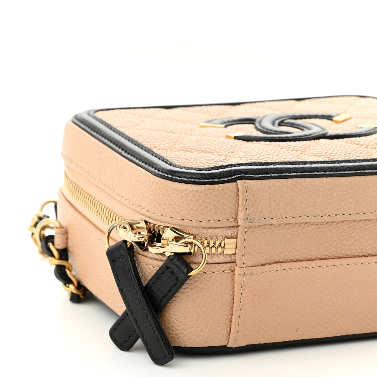 Caviar Quilted Small CC Filigree Vanity Case Beige Black