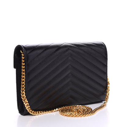 Saint Laurent Grain De Poudre Matelasse Chevron Monogram Chain Wallet Black 2 of 9