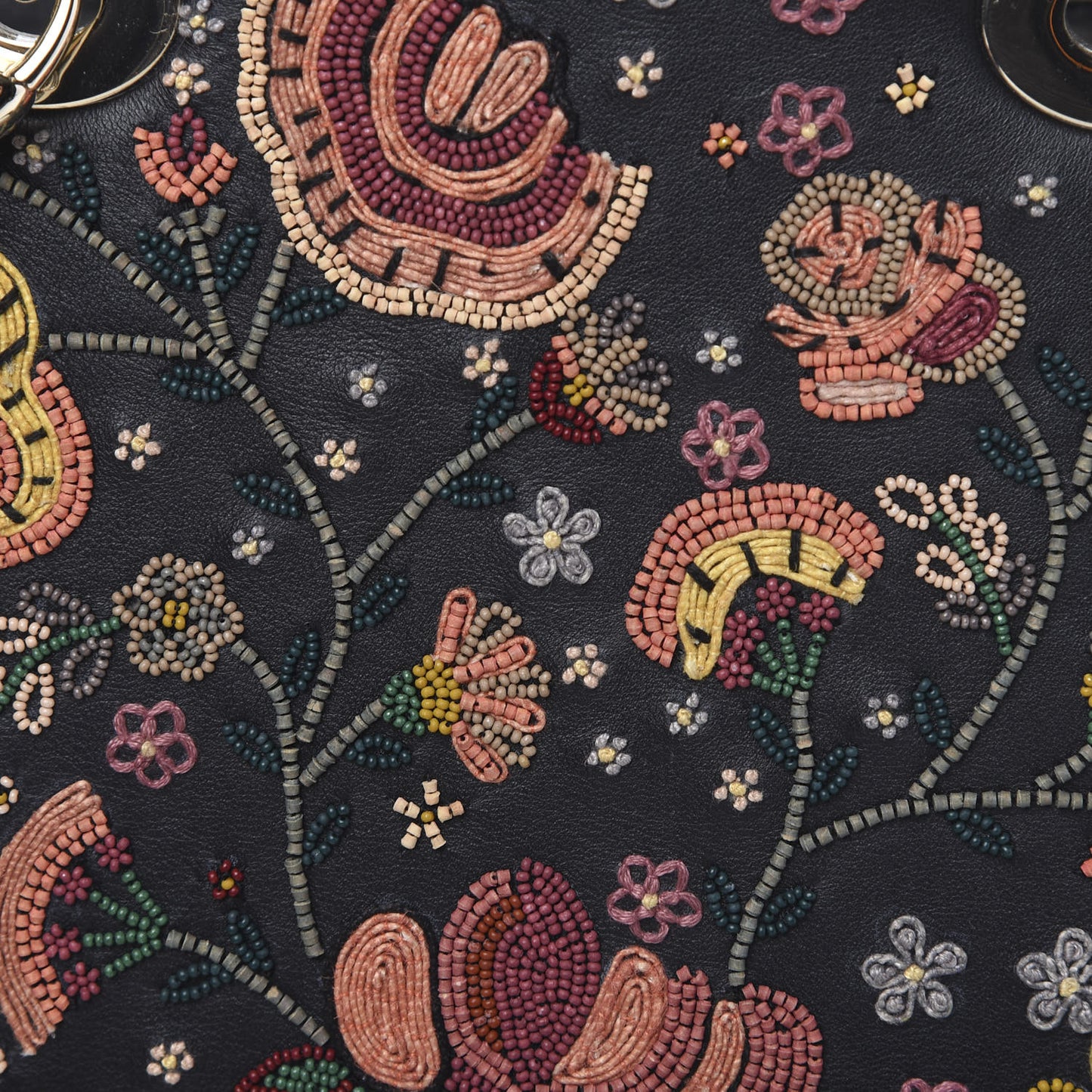 Smooth Calfskin Embroidered Beaded Floral Medium Lady Dior Black Multicolor