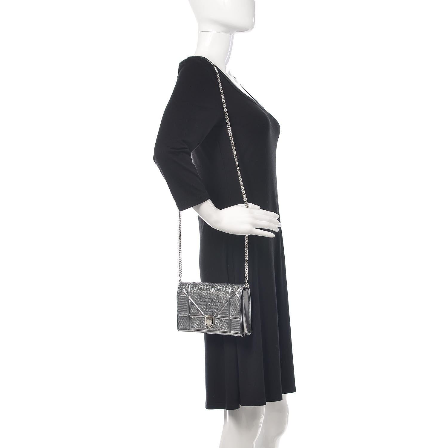 Christian Dior Metallic Patent Micro-Cannage Diorama Wallet on Chain Pouch Silver 2 of 11