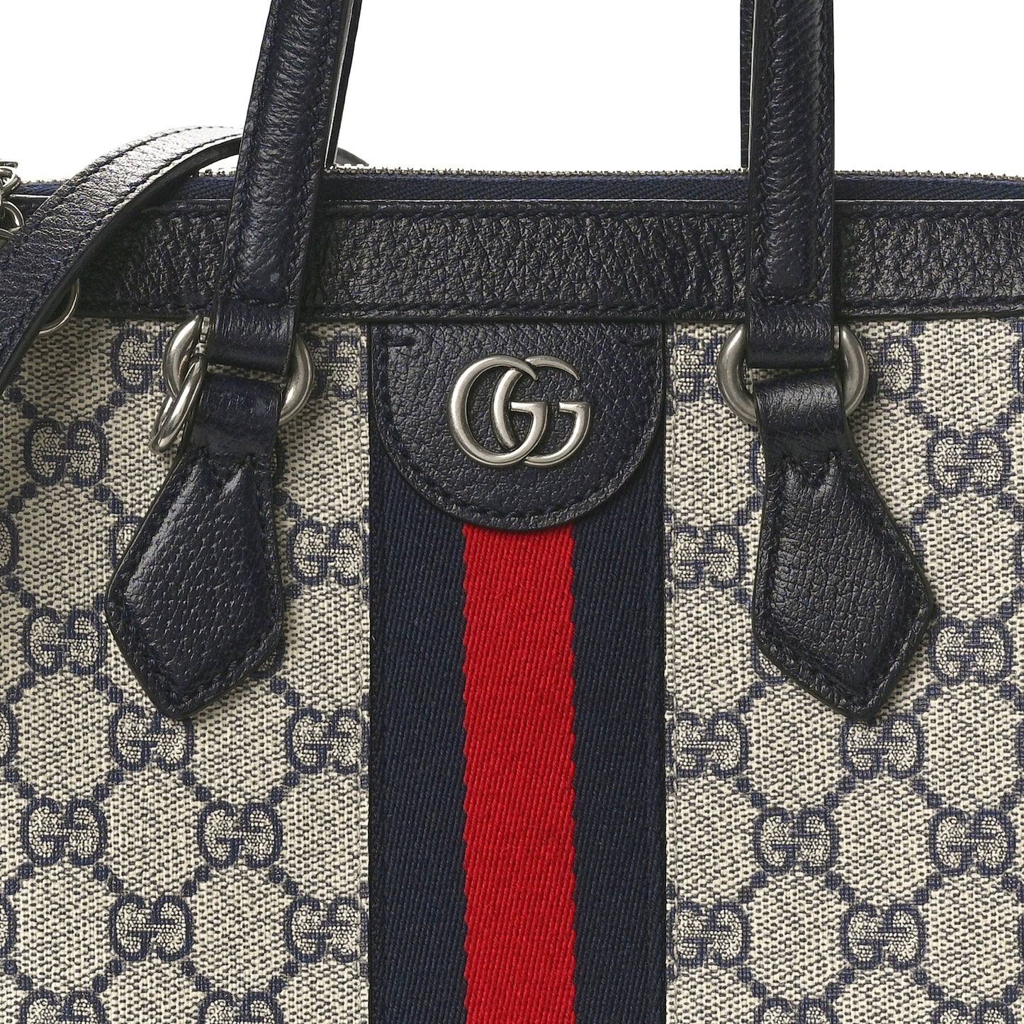 GG Supreme Monogram Textured Dollar Calfskin Web Small Ophidia Tote Bag Beige Blue