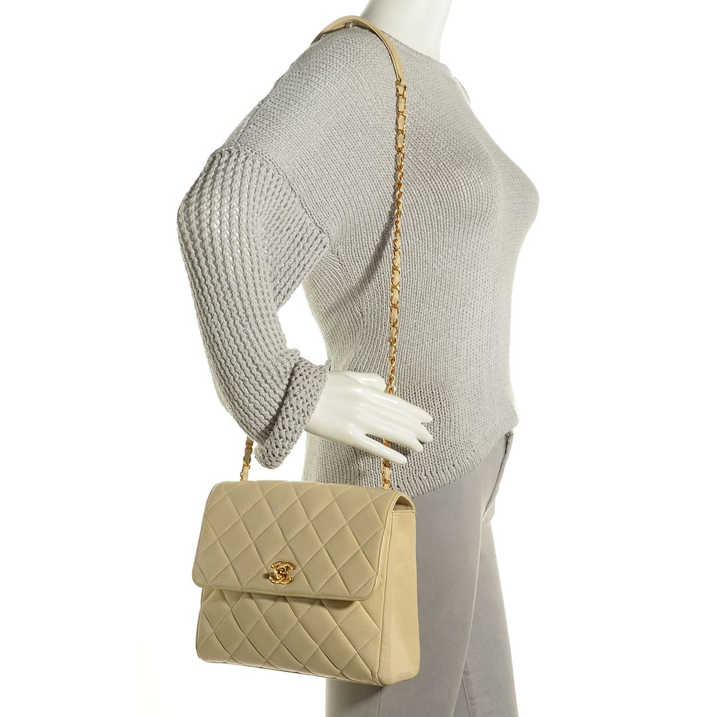 Caviar Quilted Medium Flap Shoulder Bag Beige