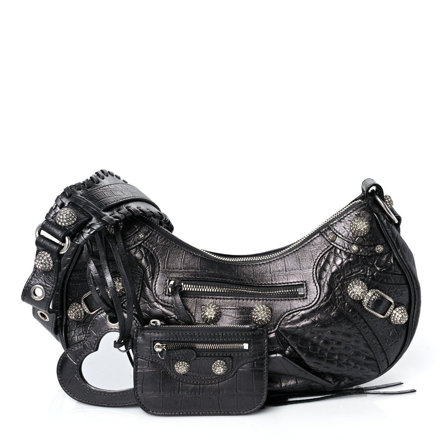 Balenciaga Metallic Calfskin Crocodile Embossed Crystal Small Le Cagole Shoulder Bag Gunmetal 1 of 8