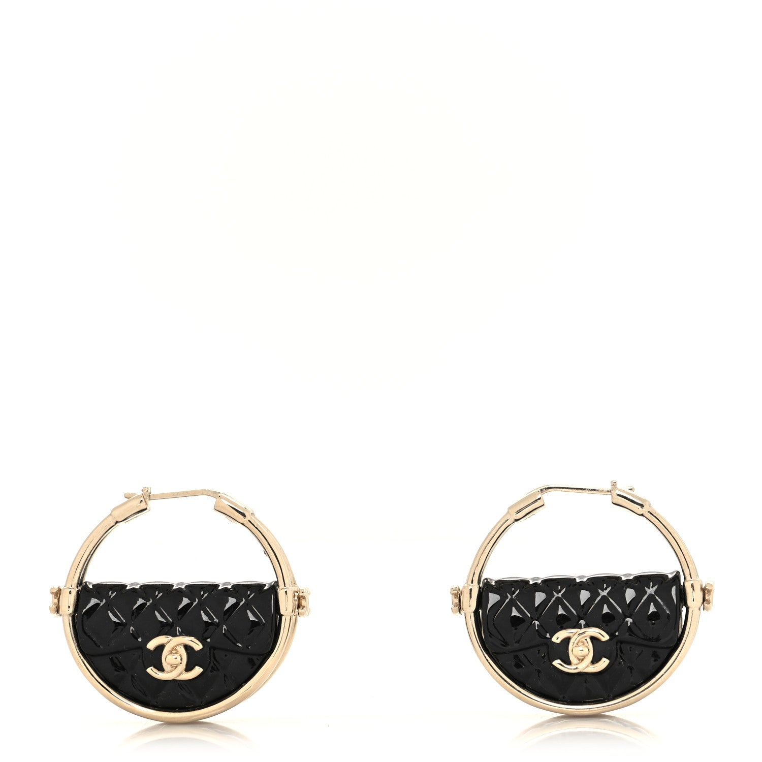Chanel Metal Resin Quilted Flap Bag Hoop Earrings Black Gold 1 of 4