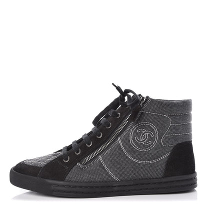 Chanel Toile Suede Calfskin CC High Top Sneakers 39 Dark Grey 1 of 9