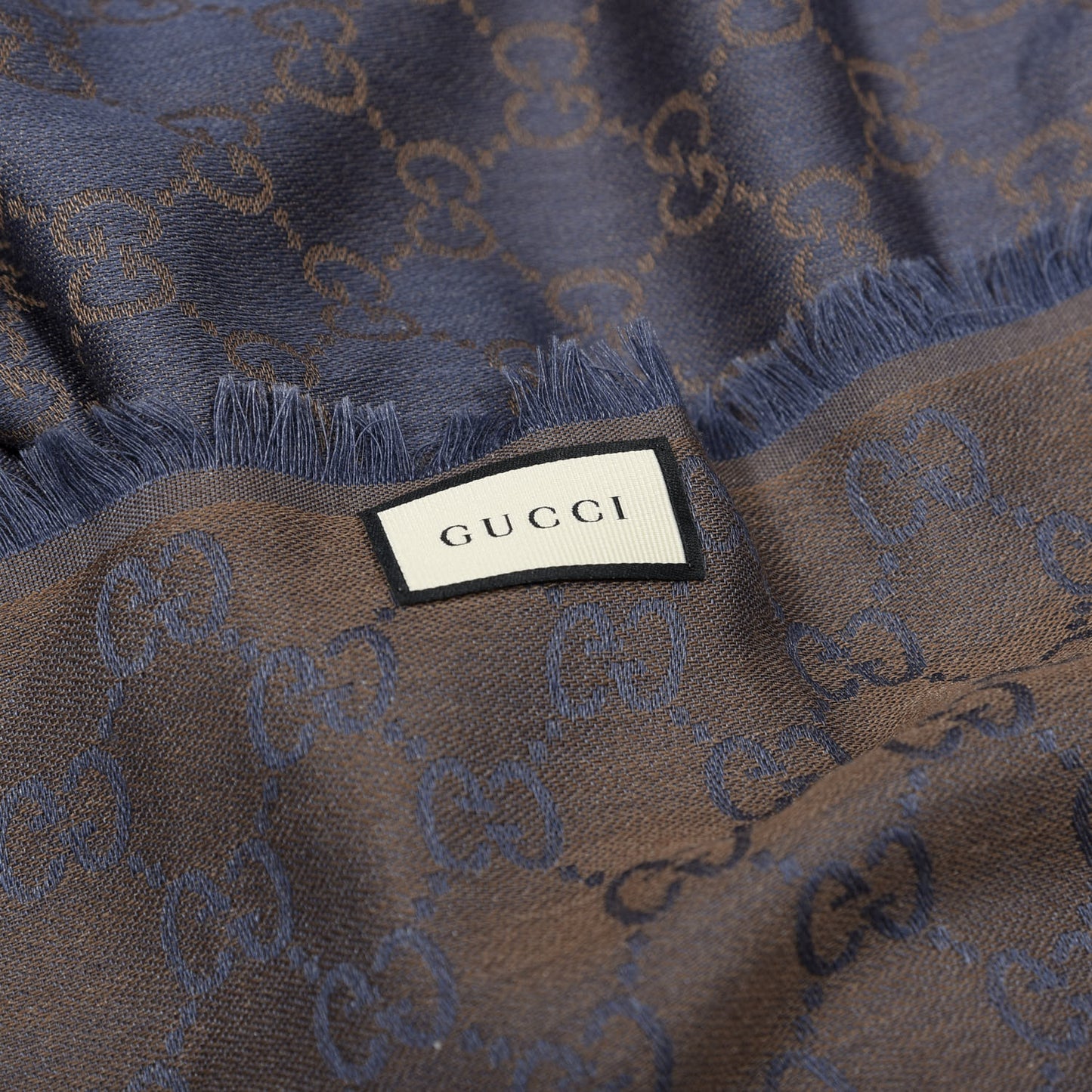 Wool Silk Monogram GGWeb Fringe Shawl Taupe Sky Blue