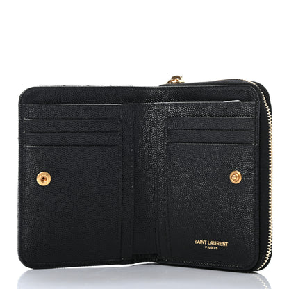 Saint Laurent Grain De Poudre Matelasse Chevron Monogram Compact Zip Around Wallet Black 5 of 7