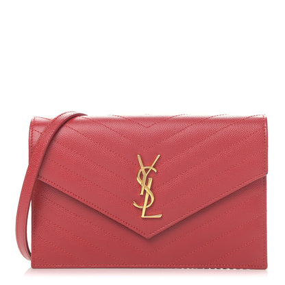 Saint Laurent Grain De Poudre Matelasse Chevron Monogram Envelope Chain Wallet New Red 1 of 10