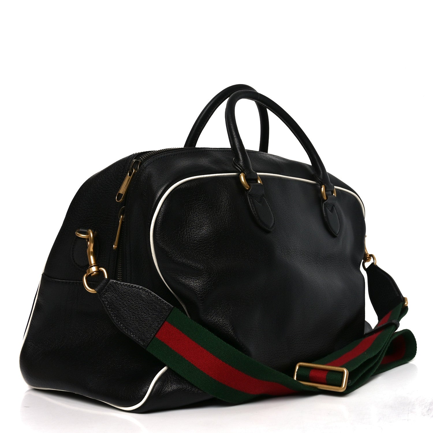 Gucci X ADIDAS Textured Dollar Calfskin Web Trefoil Large Bowling Bag Black Off White 3 of 10