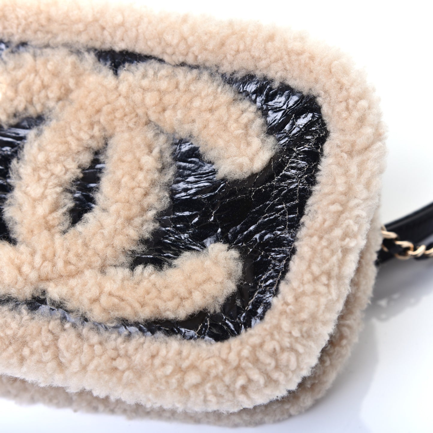Shiny Crumpled Sheepskin Shearling Waist Bag Black Beige