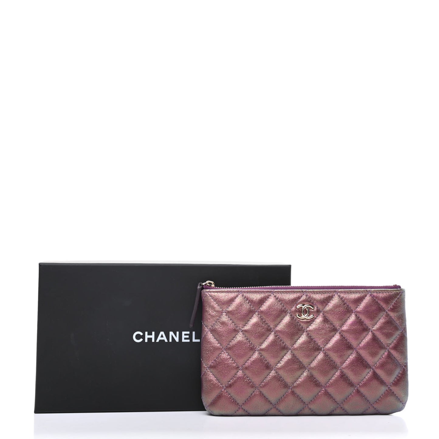 Iridescent Lambskin Quilted Cosmetic Case Purple