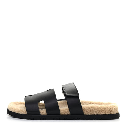 Hermes Calfskin Woolskin Mens Chypre Sandals 46 Black Ecru 1 of 9