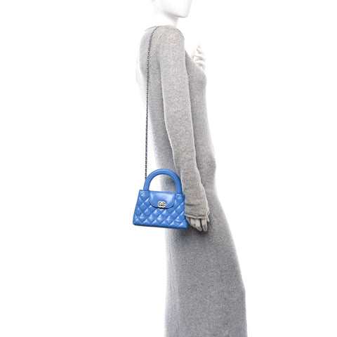 Shiny Aged Calfskin Quilted Nano Kelly Shopper Blue