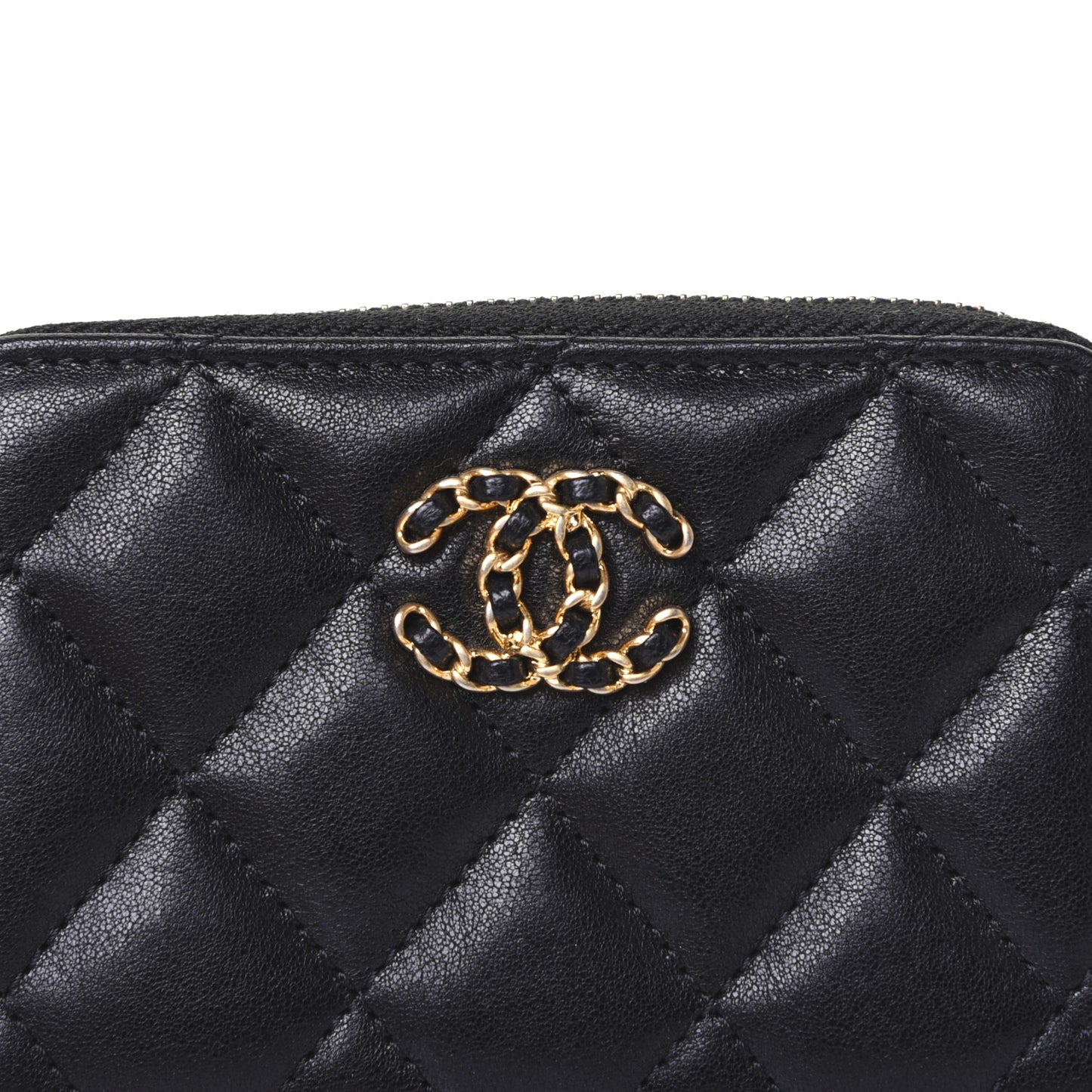 Goatskin Quilted Chanel 19 Zip Around Coin Purse Wallet Black