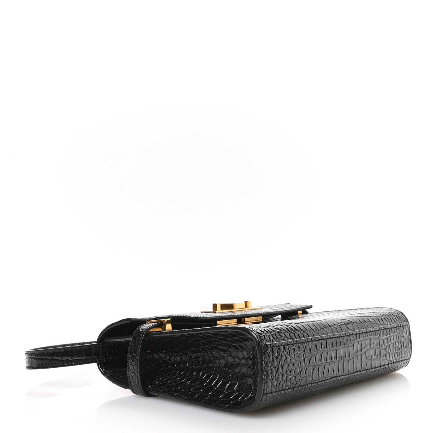 Shiny Calfskin Crocodile Embossed Small Manhattan Baguette Black