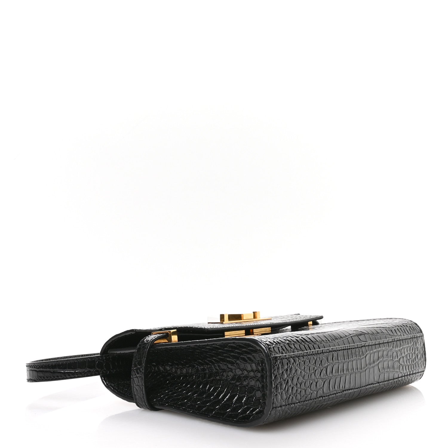 Saint Laurent Shiny Calfskin Crocodile Embossed Small Manhattan Baguette Black 4 of 10