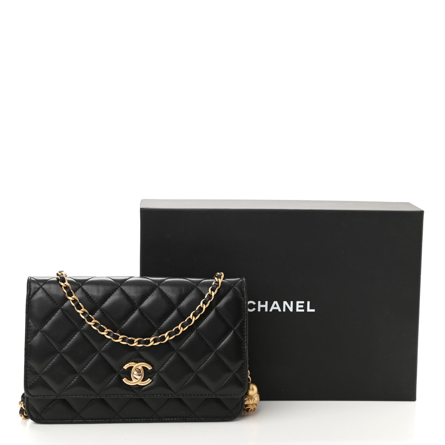 Lambskin Quilted CC Pearl Crush Wallet on Chain WOC Black