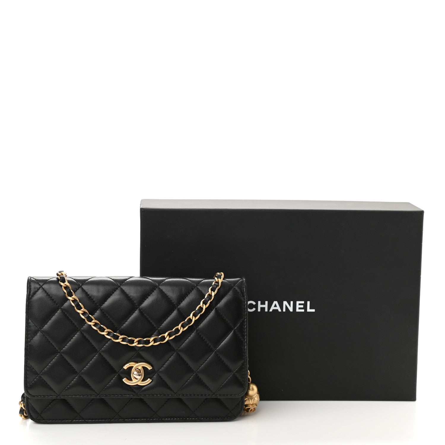 Chanel Lambskin Quilted CC Pearl Crush Wallet on Chain WOC Black 12 of 12