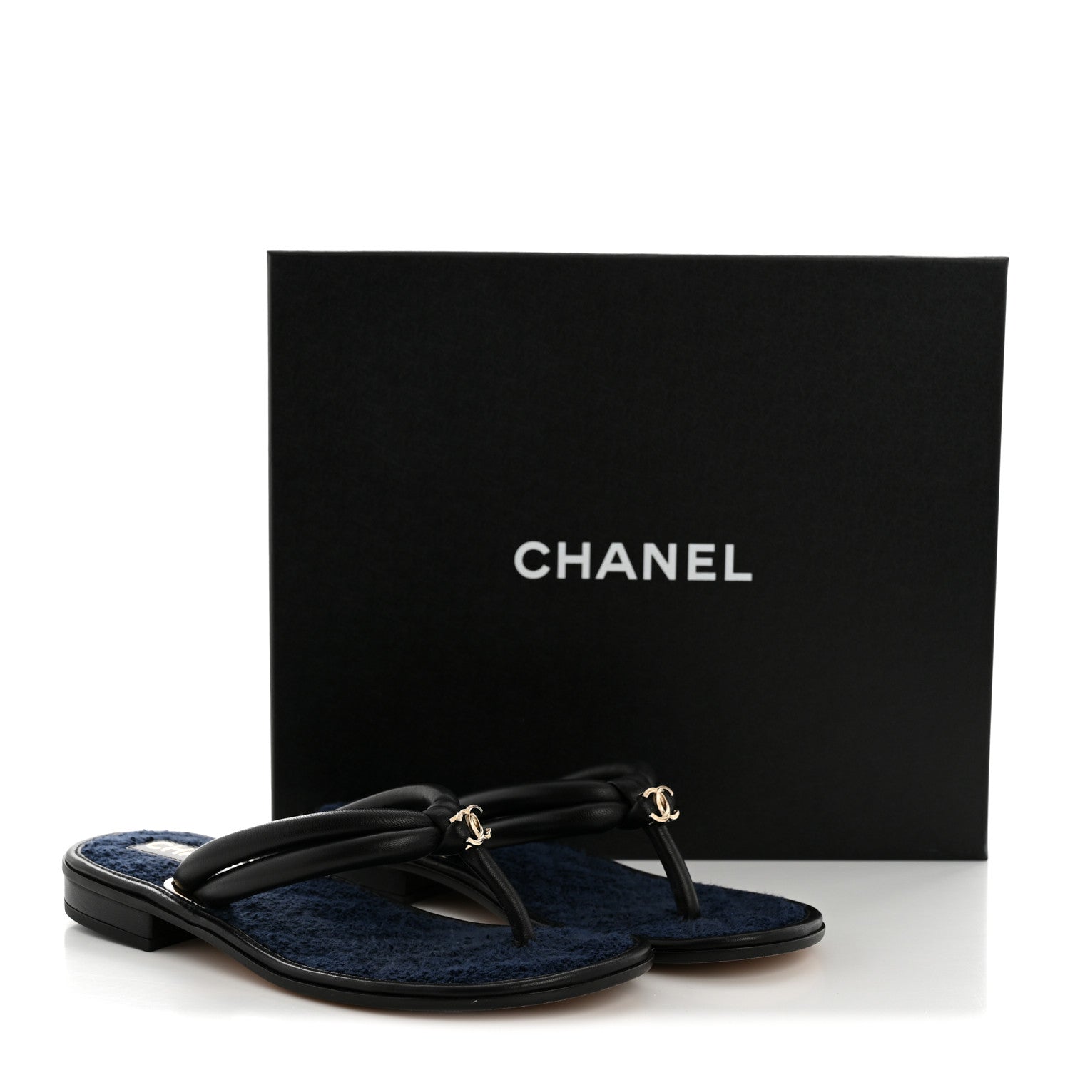 Chanel Lambskin Terry Cloth CC Thong Sandals 36 Black Dark Navy 11 of 11