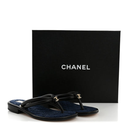 Chanel Lambskin Terry Cloth CC Thong Sandals 36 Black Dark Navy 11 of 11