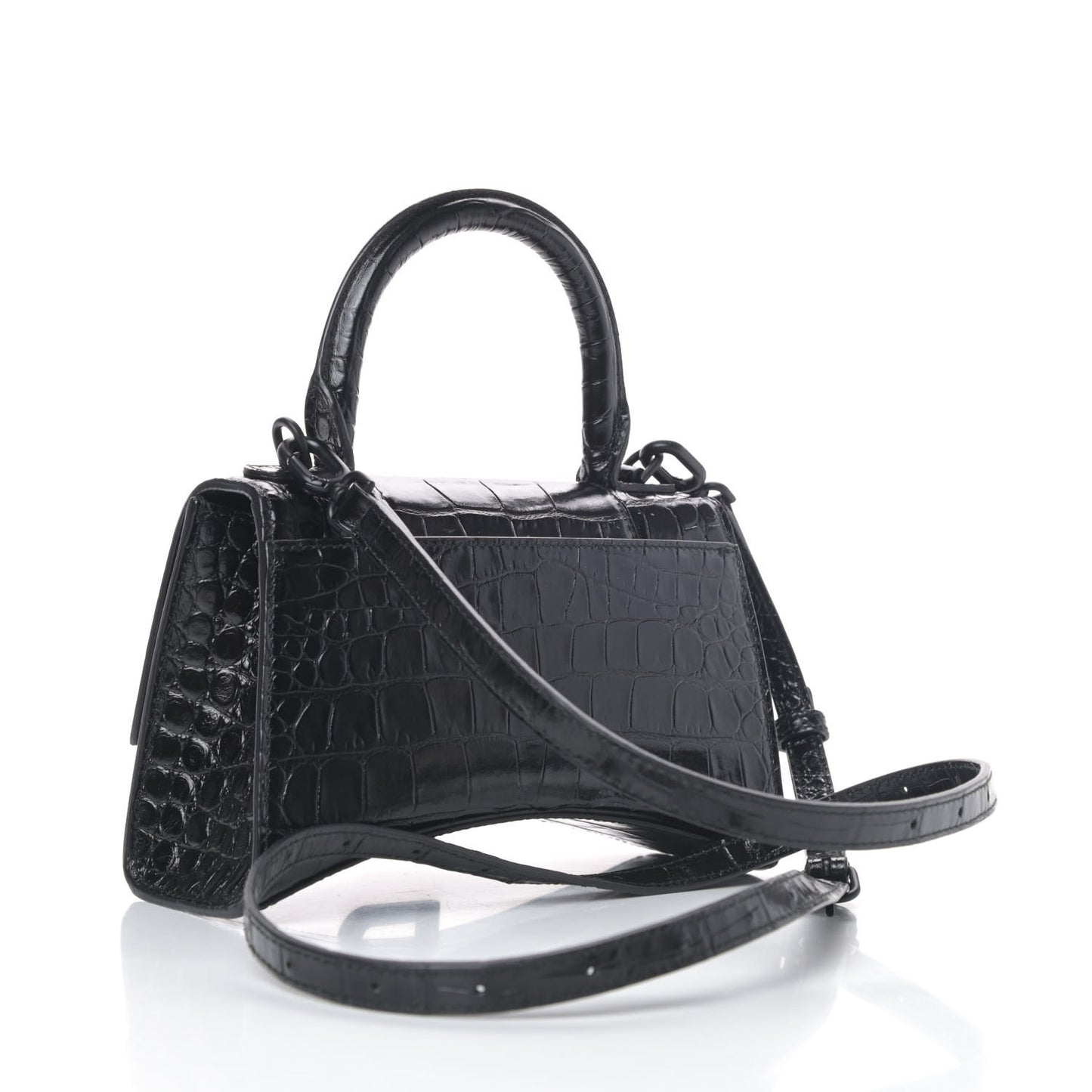 Shiny Calfskin Monochrome Crocodile Embossed Hourglass Top Handle Bag XS Black