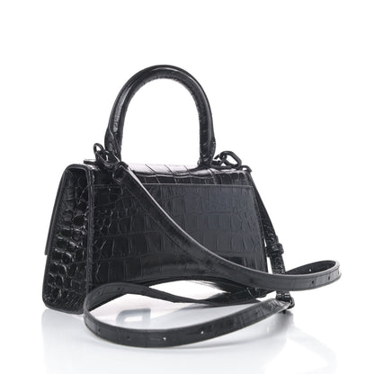 Balenciaga Shiny Calfskin Monochrome Crocodile Embossed Hourglass Top Handle Bag XS Black 2 of 4
