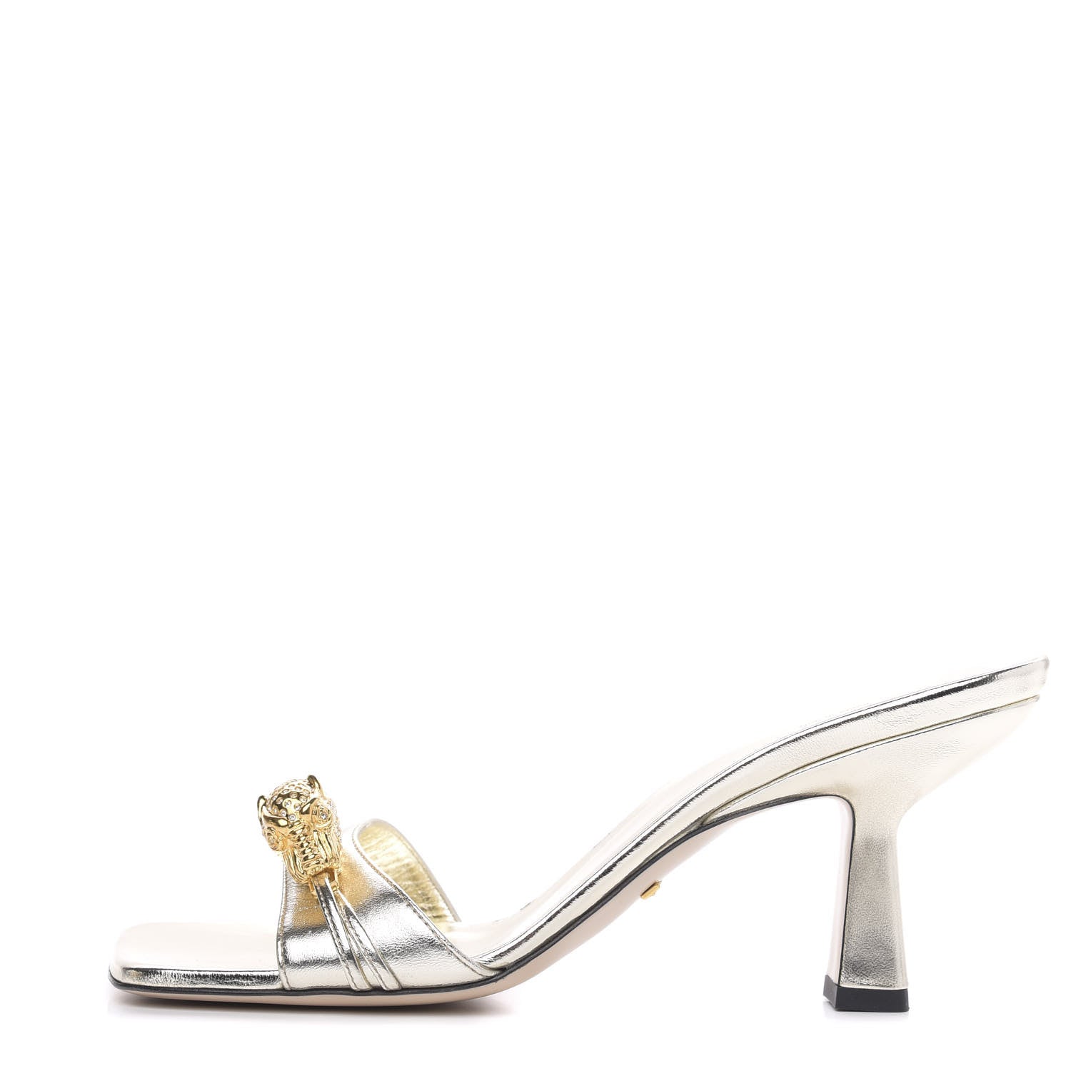 Gucci Metallic Nappa Dora Tiger Head Mid Heel Slide Sandals 38 Gold 1 of 9