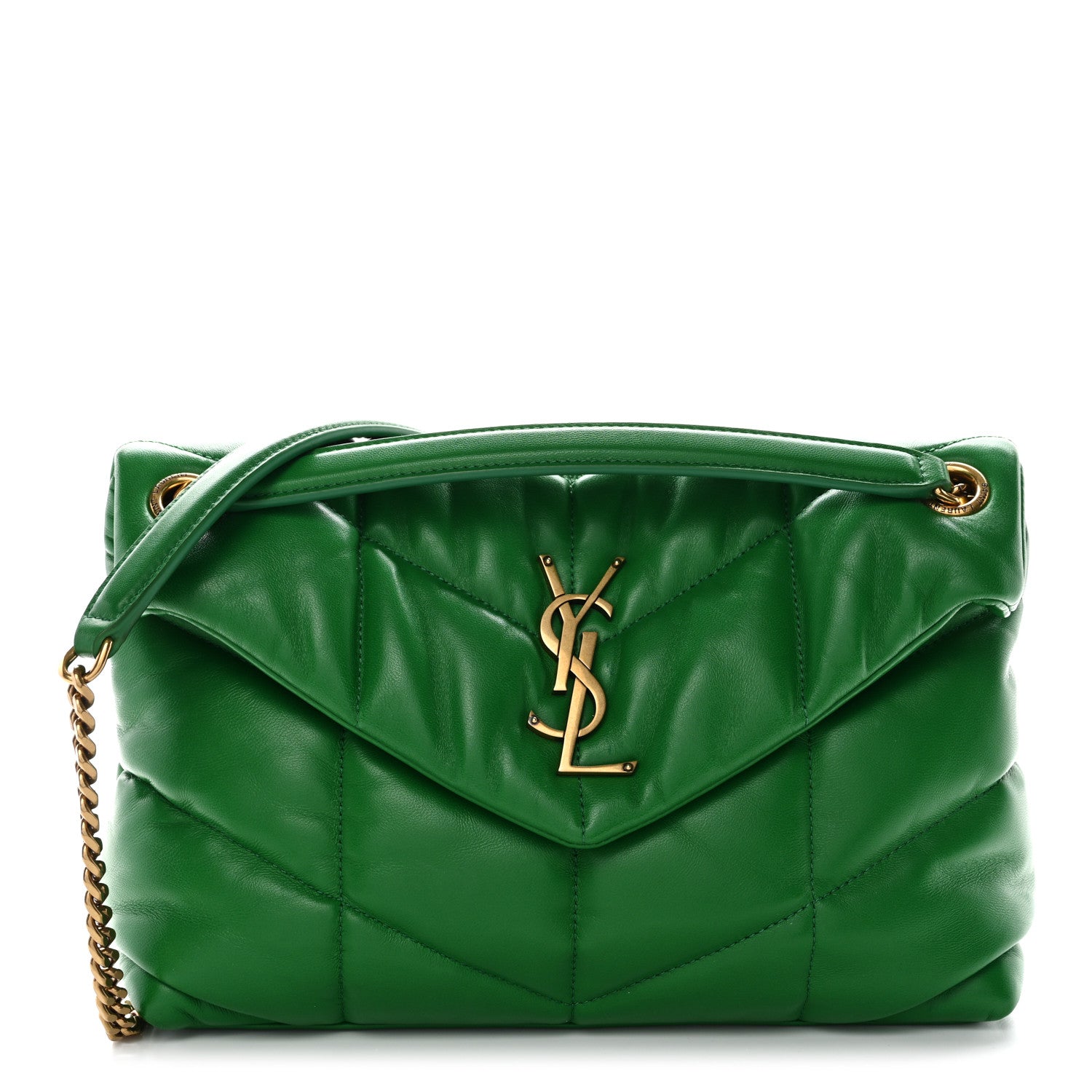 Saint Laurent Lambskin Quilted Medium Loulou Puffer Monogram Chain Satchel New Vert Praire 1 of 10