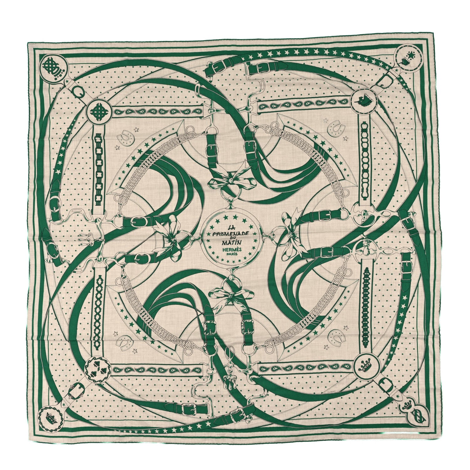 Hermes Cashmere Silk La Promenade du Matin Bandana Shawl 140 Naturel Vert Black 1 of 5
